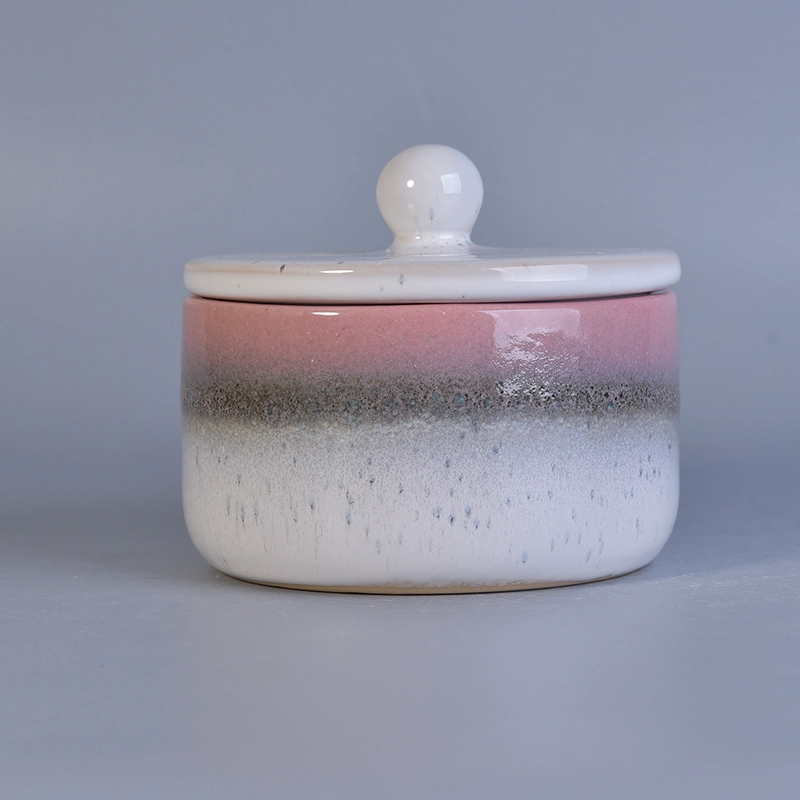 Popular shape hand painted tree pattern ceramic candle jars Fambe glazing ceramic home decoration fragrance candle jar with lid