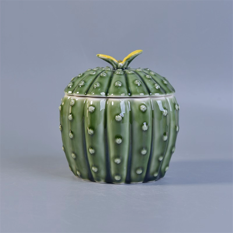 Decorative cactus ceramic candles holder with lid