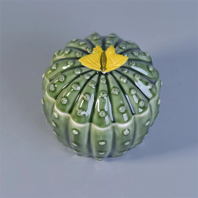 Decorative cactus ceramic candles holder with lid