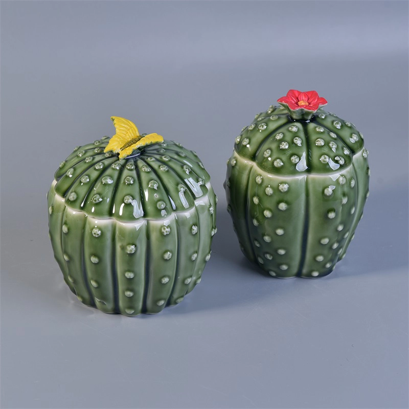 Decorative cactus ceramic candles holder with lid