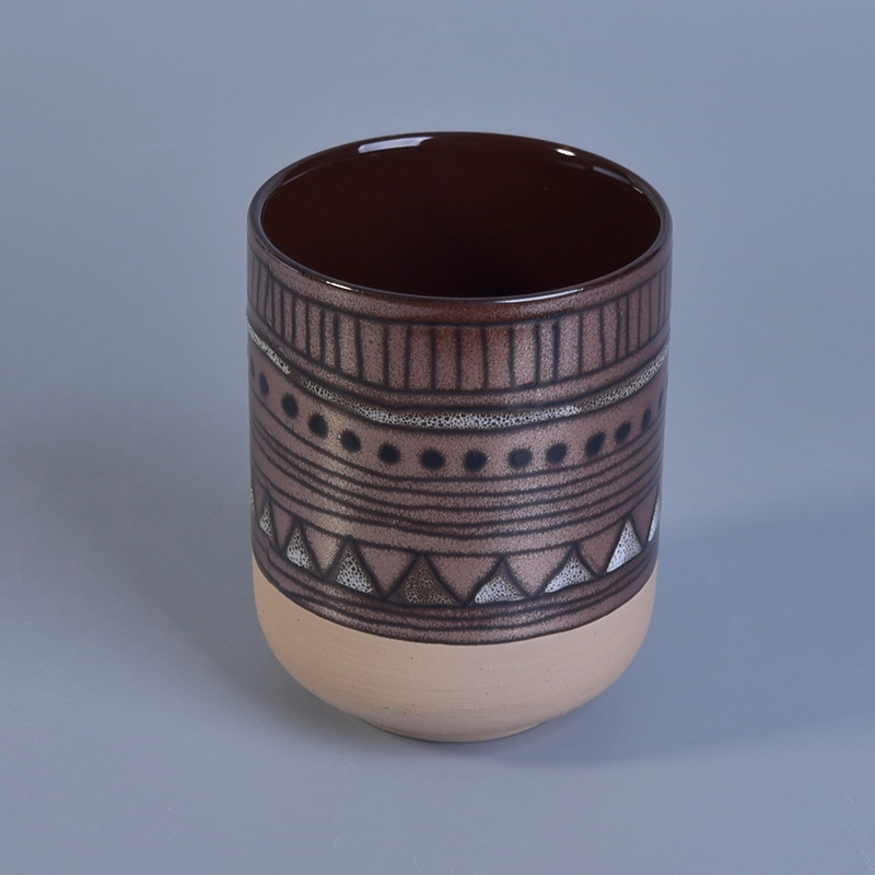 Popular shape hand painted tree pattern ceramic candle jars Metal finish hand made ceramic candle holder with geometric painted