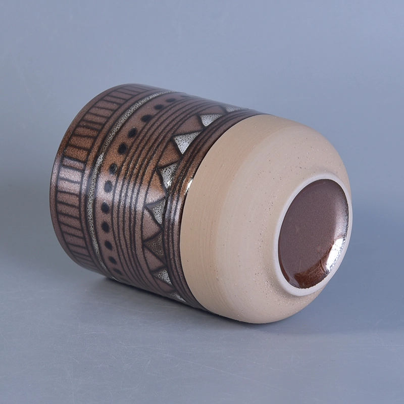 Popular shape hand painted tree pattern ceramic candle jars Metal finish hand made ceramic candle holder with geometric painted