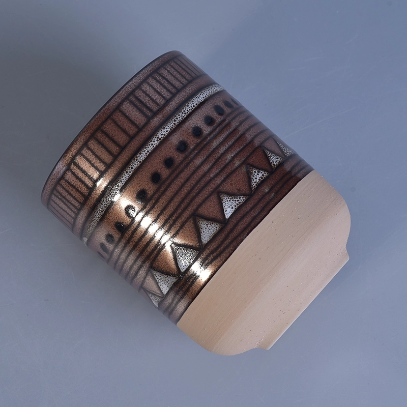 Popular shape hand painted tree pattern ceramic candle jars Metal finish hand made ceramic candle holder with geometric painted