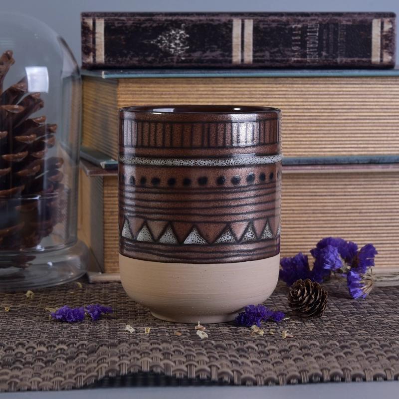 Metal finish hand made ceramic candle holder with geometric painted