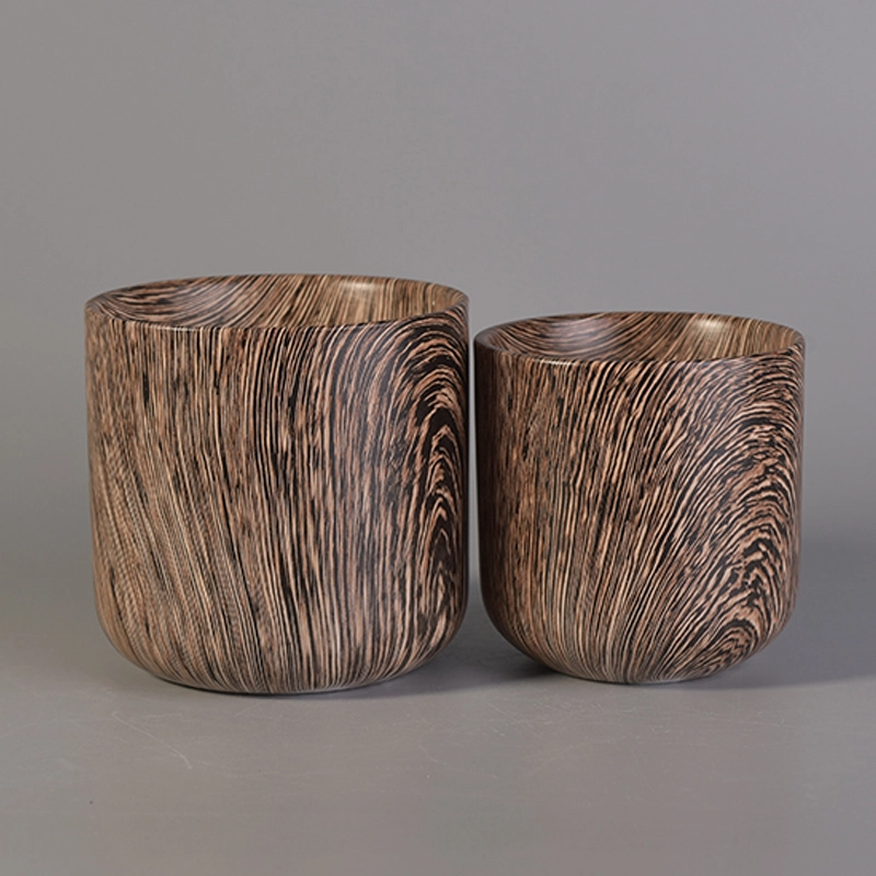 Popular shape hand painted tree pattern ceramic candle jars Novel wood grain printed ceramic candle vessel,ceramic candle vessel