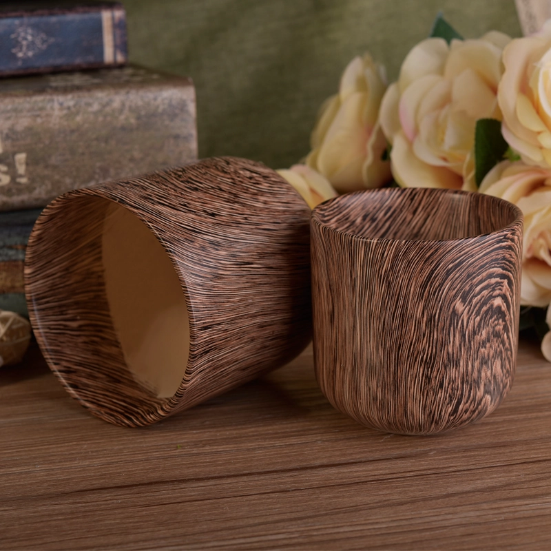 Popular shape hand painted tree pattern ceramic candle jars Novel wood grain printed ceramic candle vessel