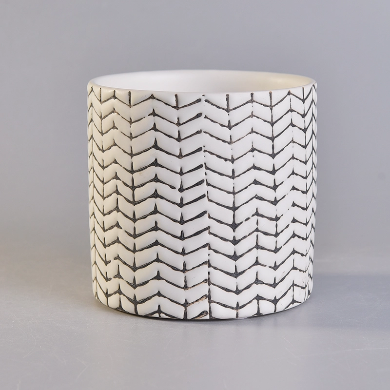 Popular shape hand painted tree pattern ceramic candle jars Novel debossed black painted cylinder ceramic candle jars wholesale