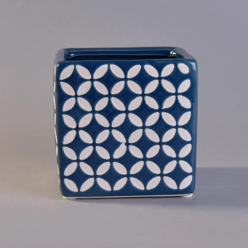 Classical Square Blue Ceramic Candle Holders with Custom Printing
