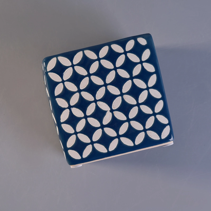 Classical Square Blue Ceramic Candle Holders with Custom Printing