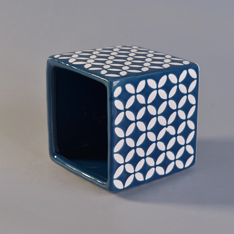 Classical Square Blue Ceramic Candle Holders with Custom Printing