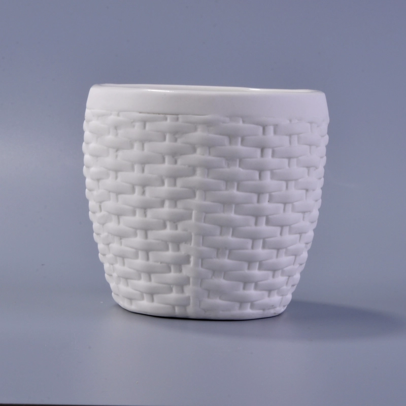 Weave embossed matte white ceramic candle vessels wholesale Weave pattern matte white ceramic candle vessels wholesale