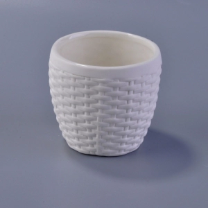 Weave pattern matte white ceramic candle vessels wholesale