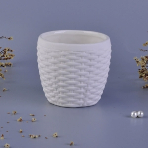 Weave pattern matte white ceramic candle vessels wholesale