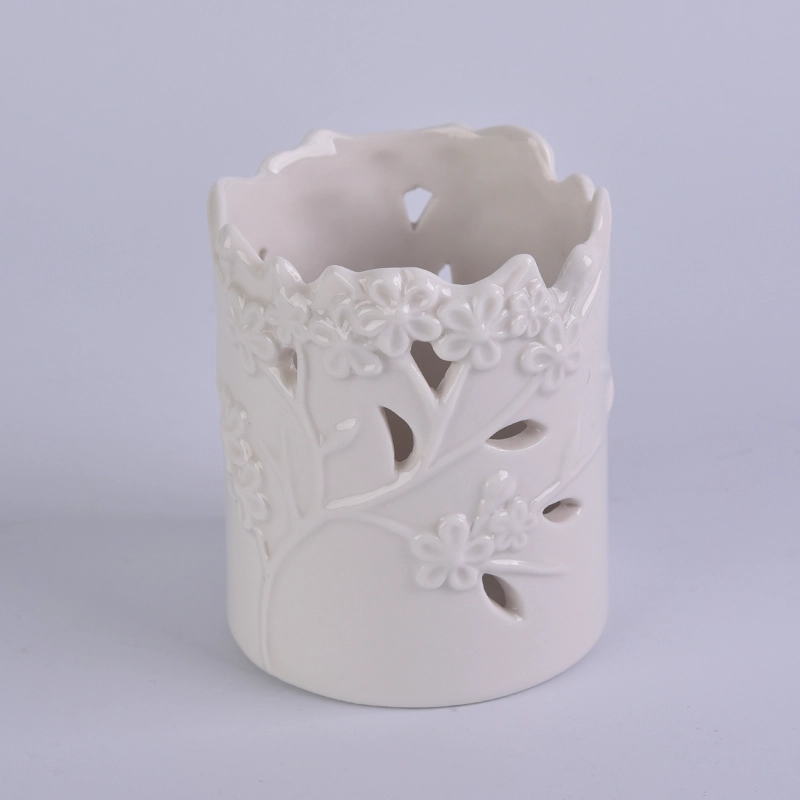Custom white flower perforated ceramic wedding candle holder