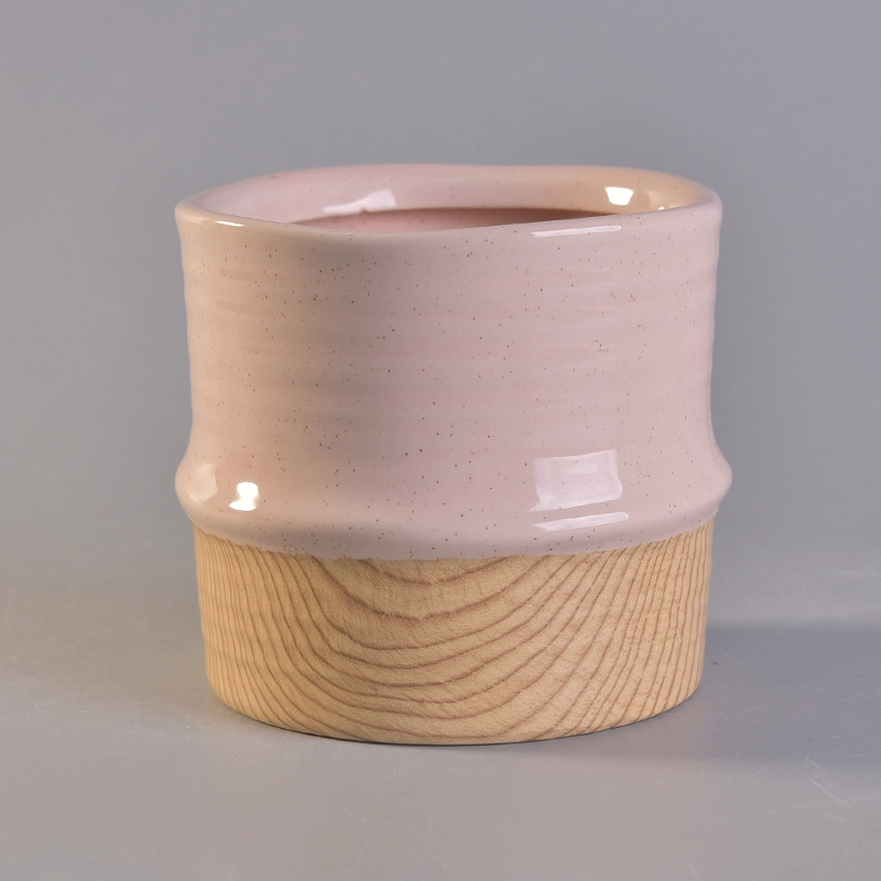 Color glaze ceramic candle holder with wooden bottom wholesales