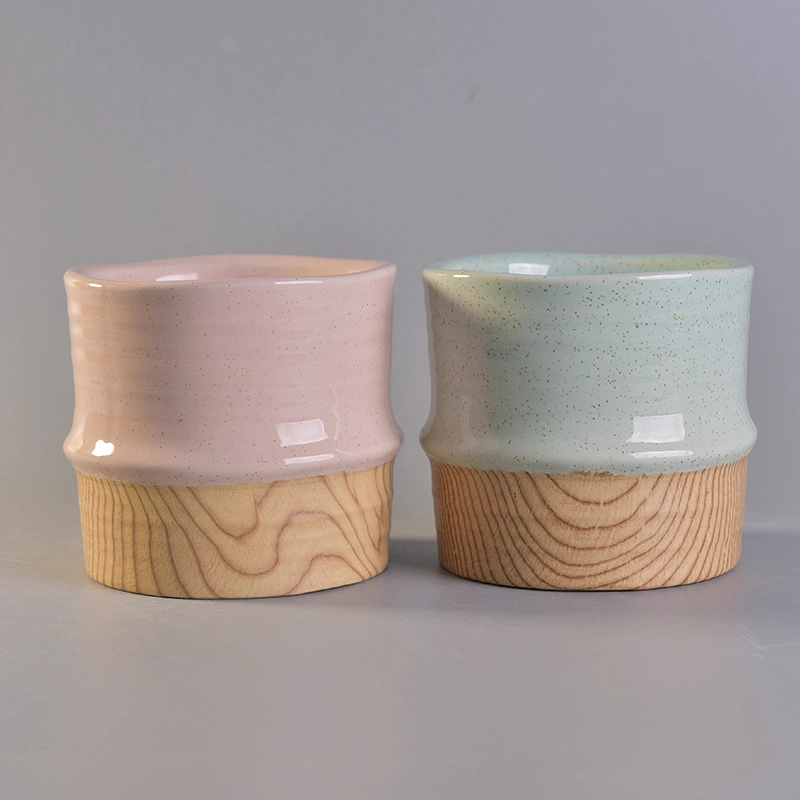 Color glaze ceramic candle holder with wooden bottom wholesales