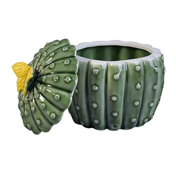 cactus shaped ceramic candles holder with lid green glossy surface