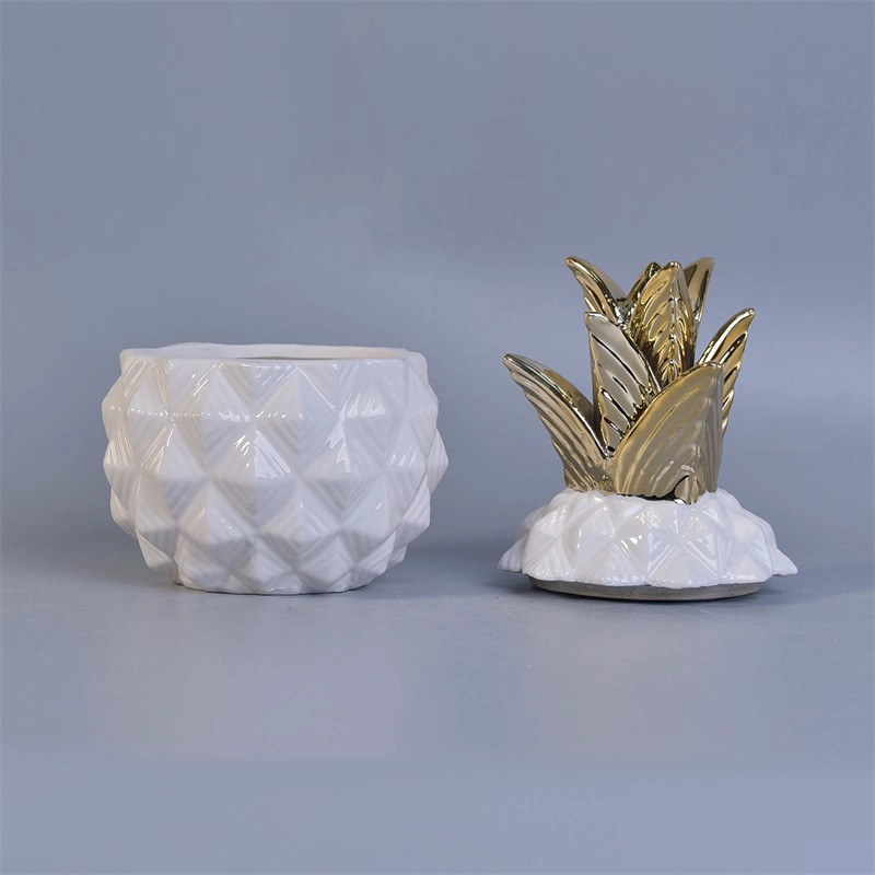White pineapple ceramic jar with gold lid 12 oz volume