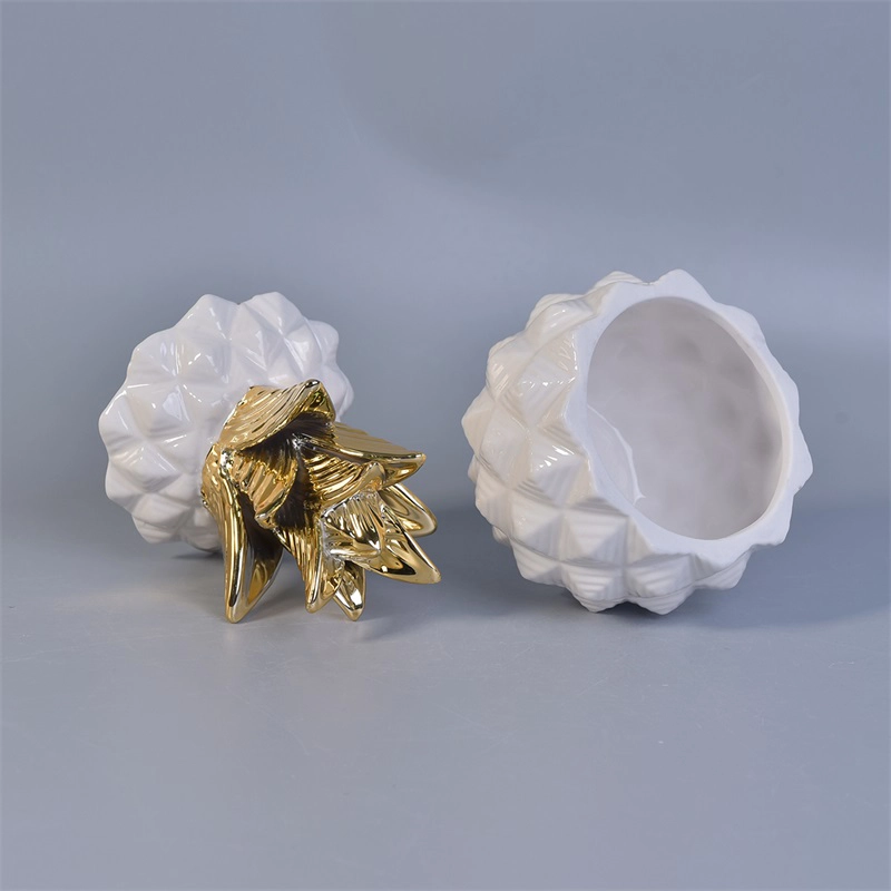 White pineapple ceramic jar with gold lid 12 oz volume