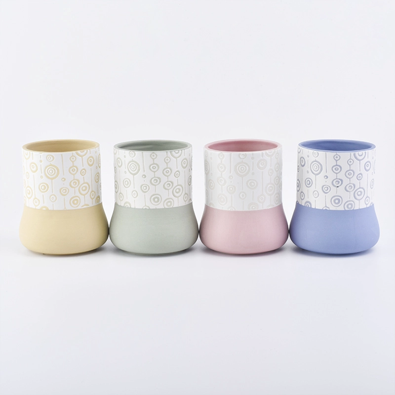 light green ceramic candle holder with white pattern Unique ceramic candle jar round base