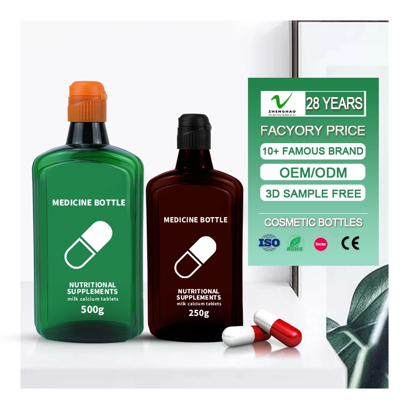 Čína Vlastní prázdné 250 ml 500 ml jantarové ploché PET lahve farmaceutické kvality balicí léková pilulka tekutý sirup proti kašli plastová láhev výrobce