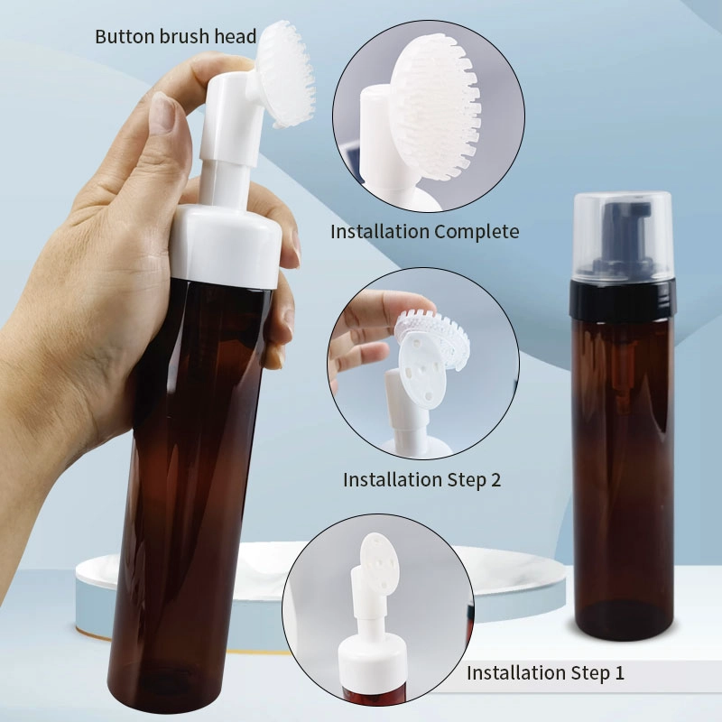 Custom PET Clear Amber Plastic Facial Cleanser Bottle with Silicone Brushes – Perfect for Wholesale & Brand Customization
