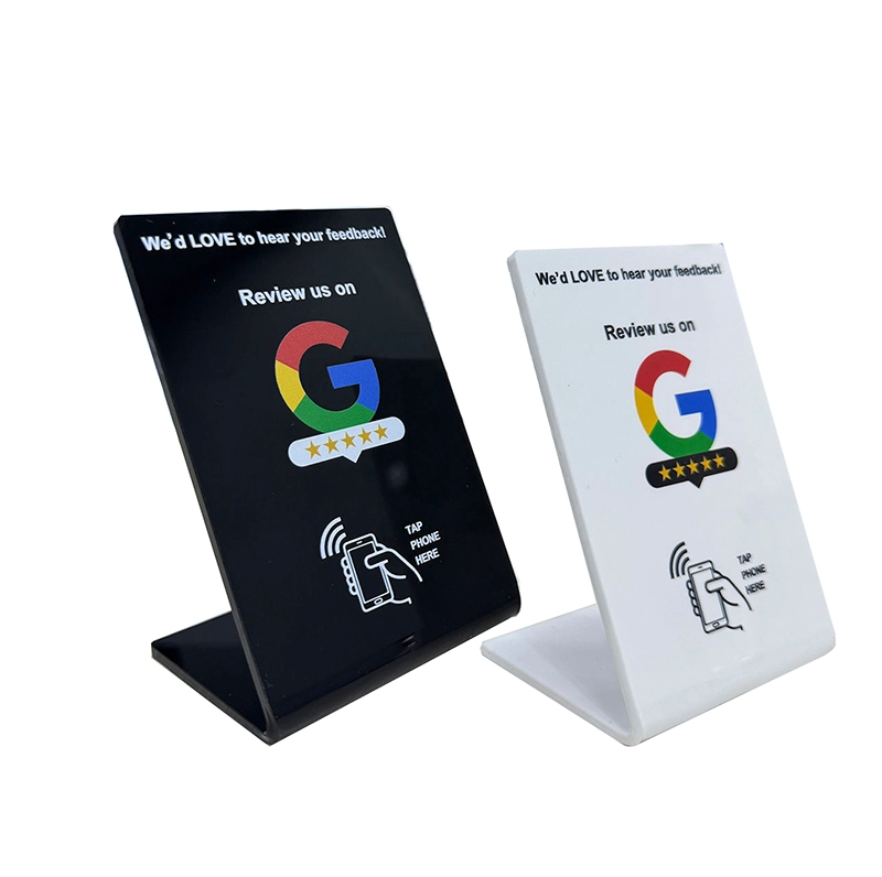 China Custom Acrylic 13.56Mhz Chip NTAG213 215 216 T5577 Google Review NFC Stand Card QR Code NFC Contactless Tap Display Stand manufacturer