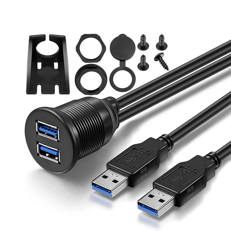 China Double Ports USB 3.0 Male to Female Car Mount Flush Waterproof Extension Cable manufacturer