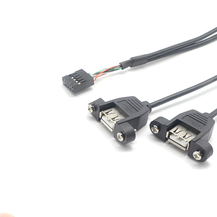 Dual USB 2.0 A Female to Dupont 10pin Female Panel Mount Cable with Screw Locking