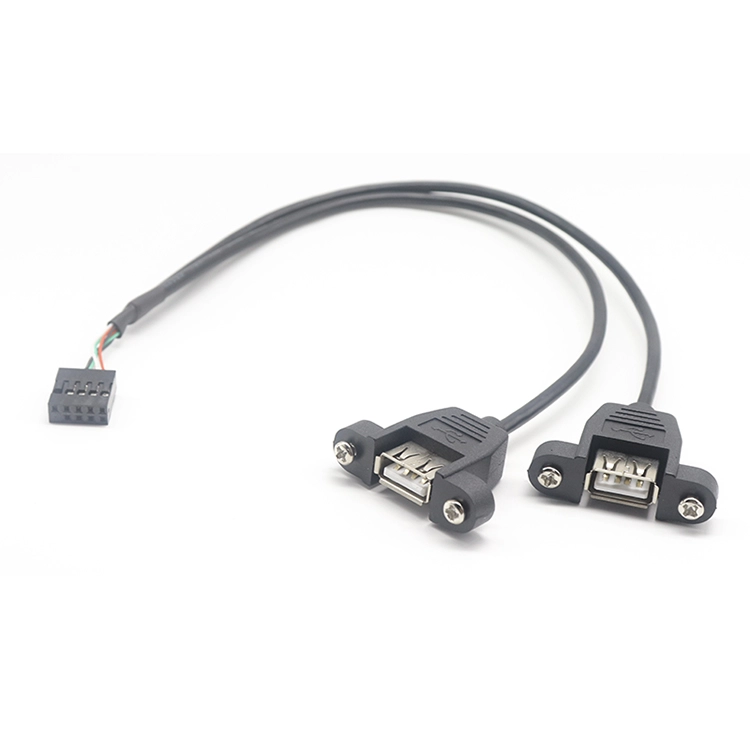 Dual USB 2.0 A Female to Dupont 10pin Female Panel Mount Cable with Screw Locking