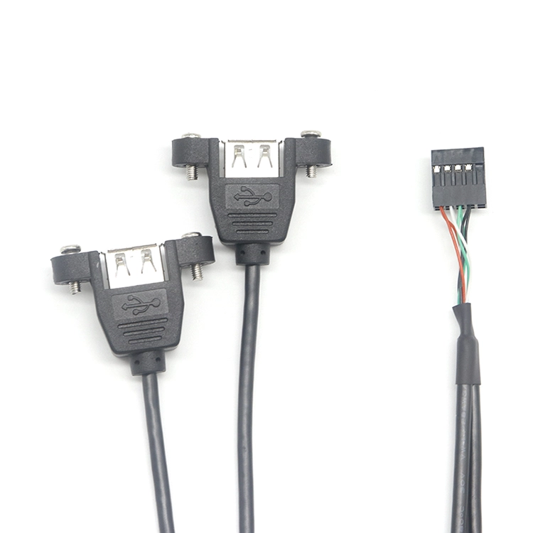 Dual USB 2.0 A Female to Dupont 10pin Female Panel Mount Cable with Screw Locking