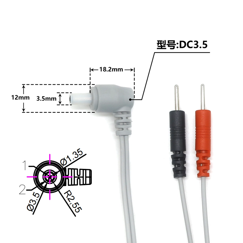 十根引线,90 度 DC3.5 安全插头,连接双 2.0 电极 ECG 针针电极电缆