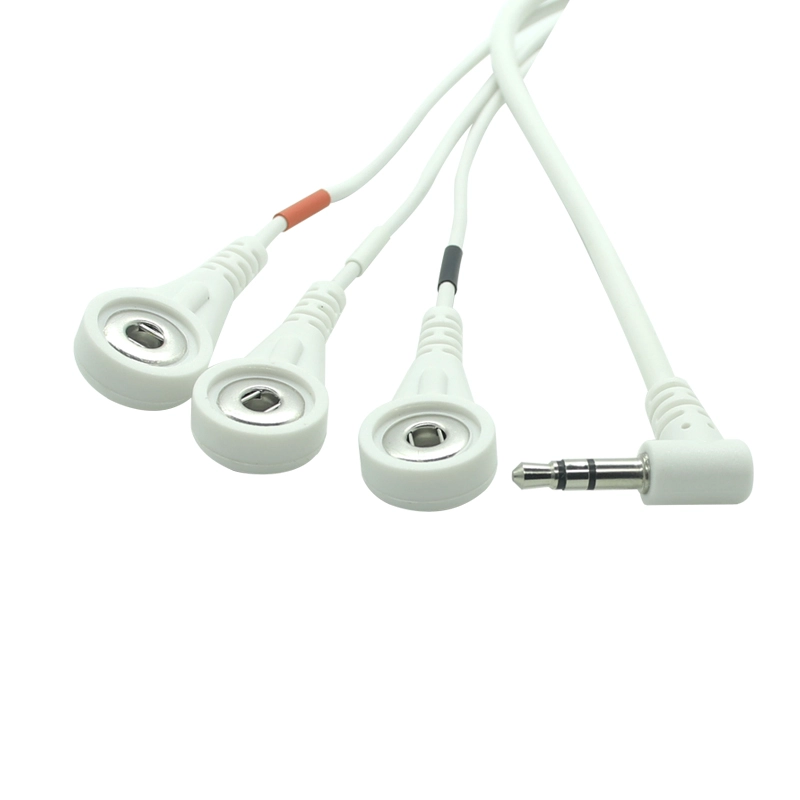 China Hoogwaardige 90 graden 3-polige 3,5 mm audio mannelijke plug tot 3,5 mm vrouwelijke snap-elektrode medische kabel met 3 lood draden | Dongguan -fabrikant en leverancier fabrikant