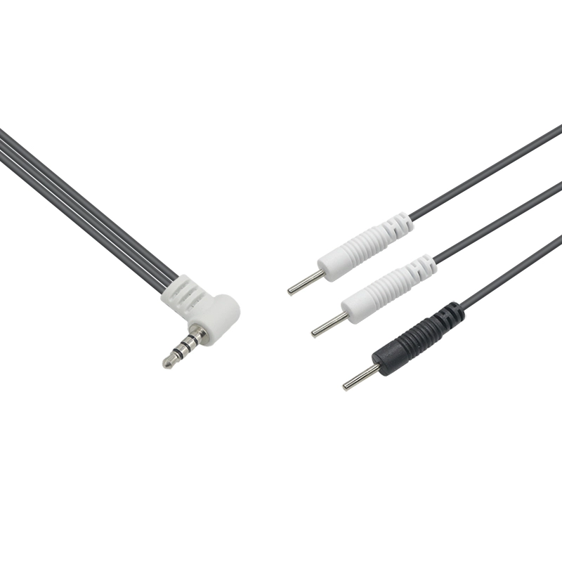 Customized 90 Degree 3.5mm Audio Plug to 3 Leads 2.0mm Electrode Pin Cable for TENS/EMS Units | ISO13485 Dongguan Manufacturer
