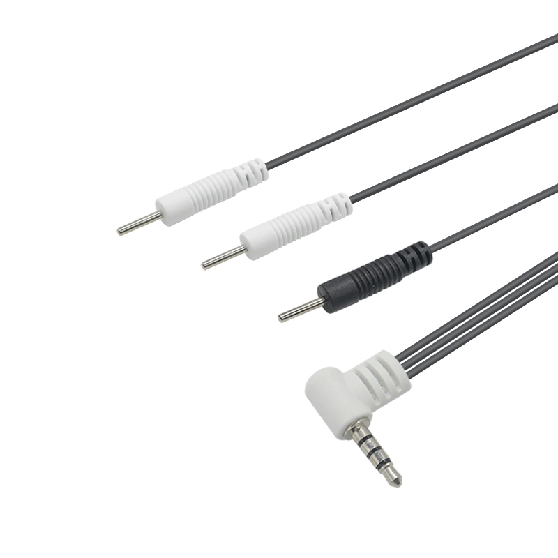 Customized 90 Degree 3.5mm Audio Plug to 3 Leads 2.0mm Electrode Pin Cable for TENS/EMS Units | ISO13485 Dongguan Manufacturer