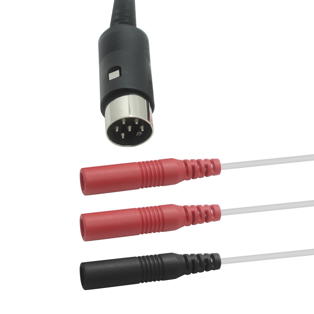 Customized DIN 6 Pin bis 3 Blei 2,0 -mm -Elektrodenstift -Splitterkabel mit Metallschutz | TENS EMS Bleidrahthersteller