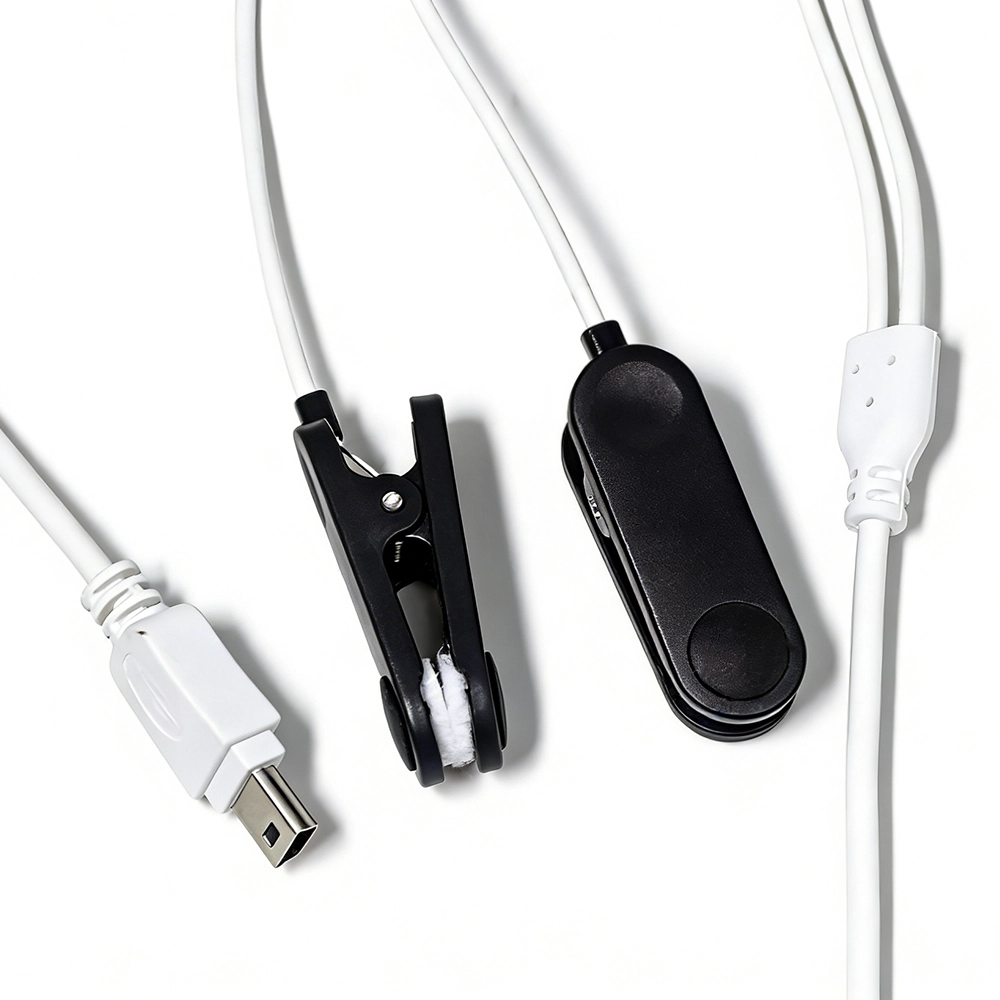 Connettore mini USB personalizzato a 2 clip auricolari nere con schiuma ABS per cavo per fisioterapia | Fornitore di cavi ISO13485