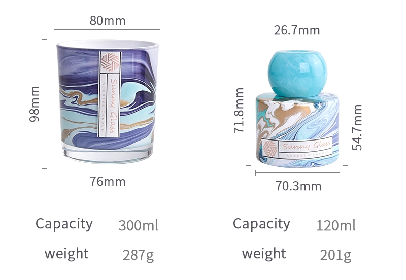 Luxury Home Custom Marbled Blue Empty Reed Diffuser Bottle And Glass Candle Jar