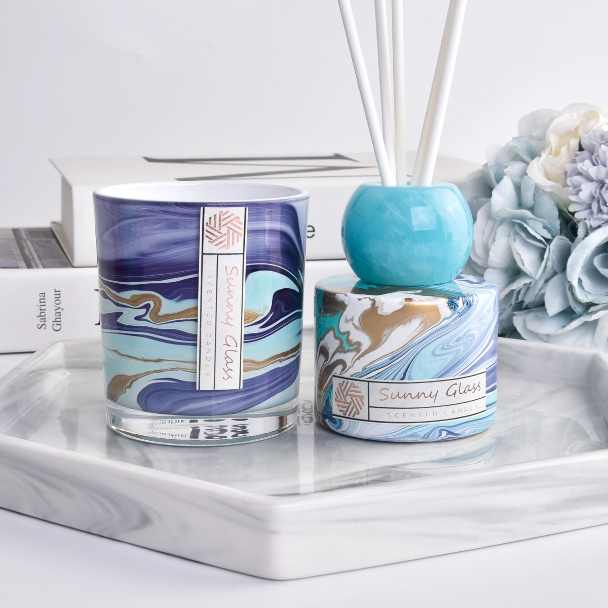 Luxury Home Custom Marbled Blue Empty Reed Diffuser Bottle And Glass Candle Jar