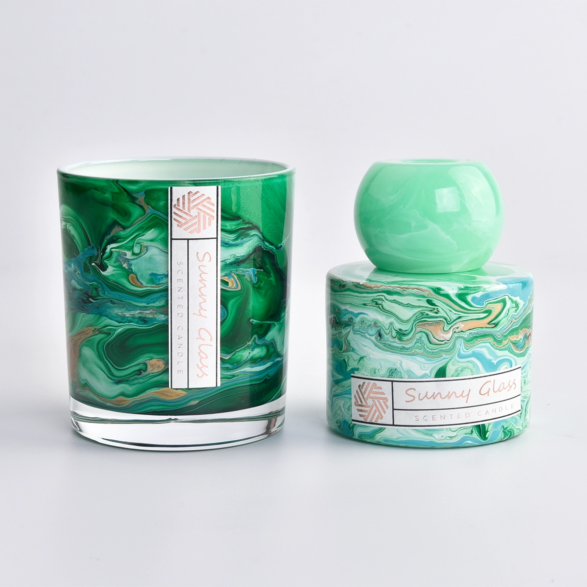 Marbled Green Empty Glass Jars And Holders For Candles Reed Diffuser Bottle