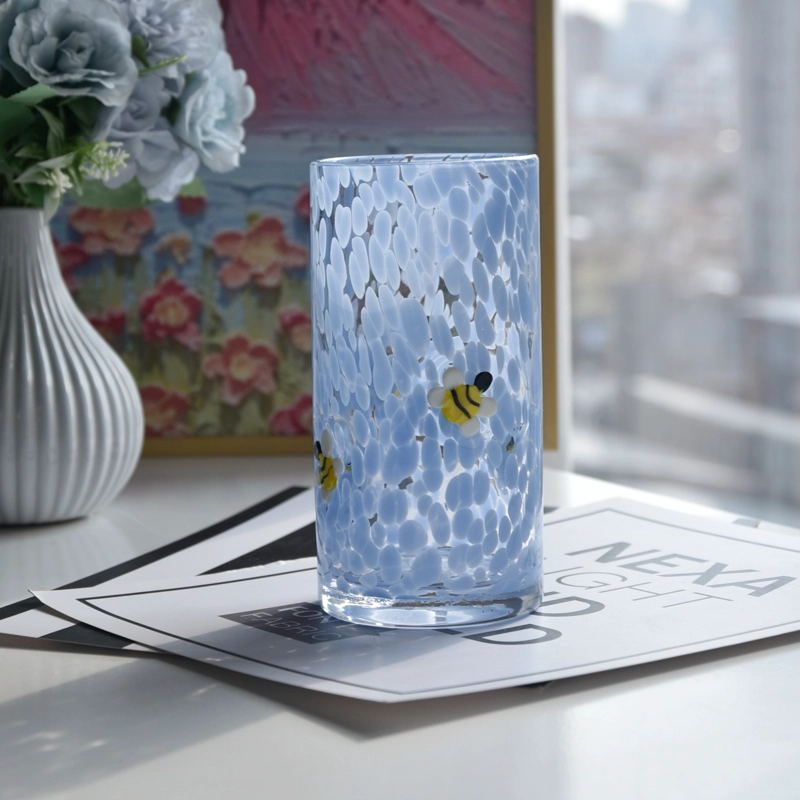 Hot sale 16oz blue glass candle vessels with bee pattern candle jars