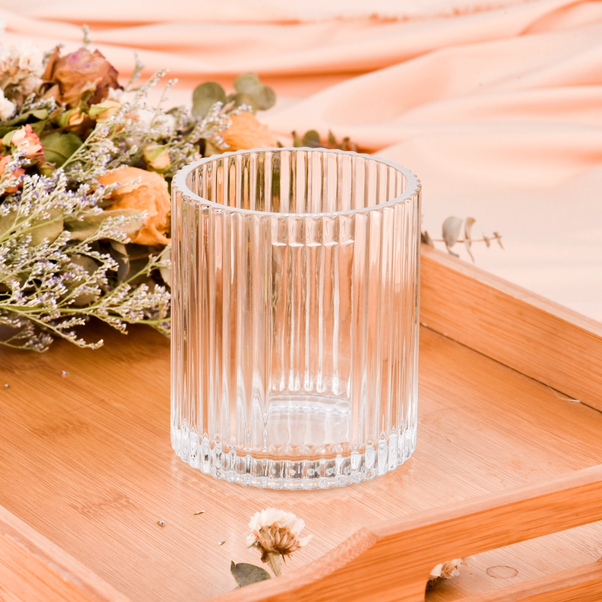 Popular 400ml clear glass candle jars vertical stripes glass vessels supplier