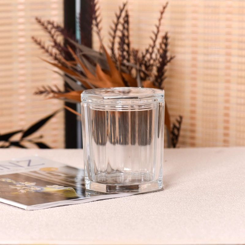 Luxury octagon clear glass candle vessels with glass lids wholesale
