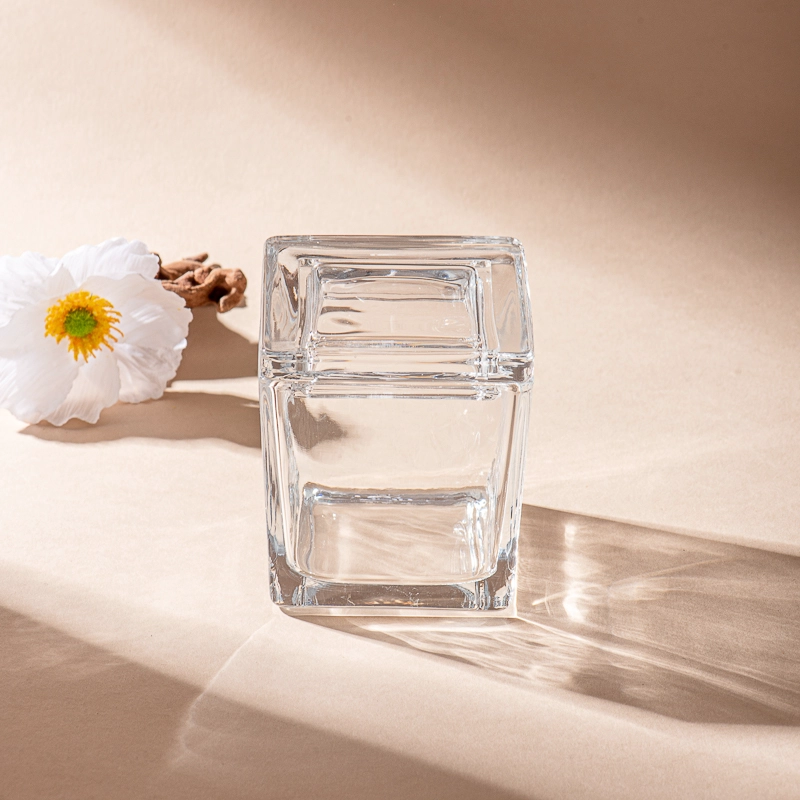 Luxury square transparent glass vessel candle containers with lid