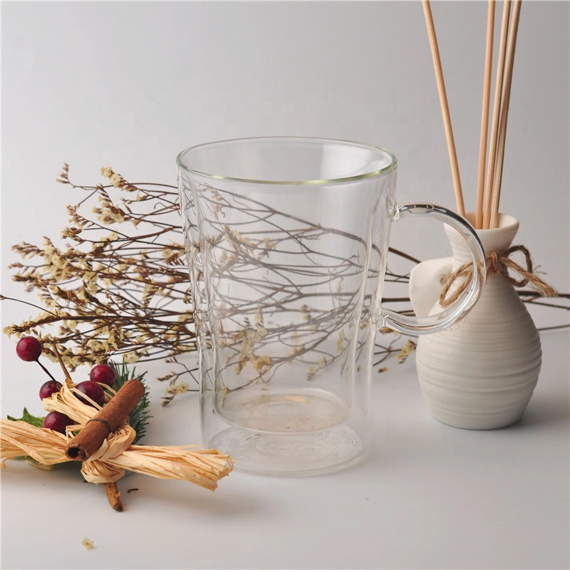 Transparent clear Glass mugs double wall water beer cup with handle