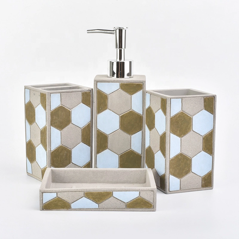 4ps Custom hexagon concrete bathroom set soap dish toothbrush holder hotel decor