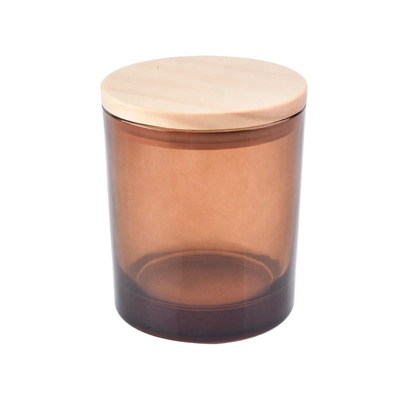 Wholesale Amber glass candle jars with wood lids
