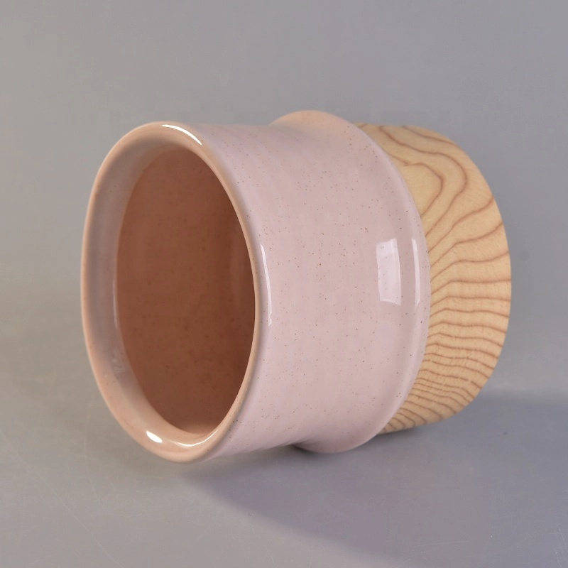Cylinder handmade candle votive container ceramic candle jar with wooden base wedding decoration factory