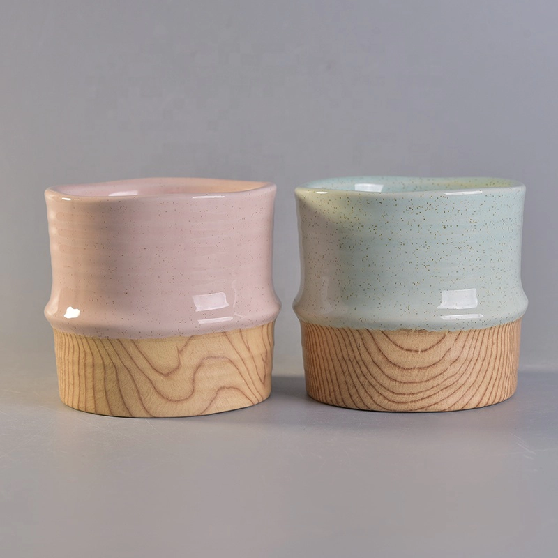 Cylinder handmade candle votive container ceramic candle jar with wooden base wedding decoration factory