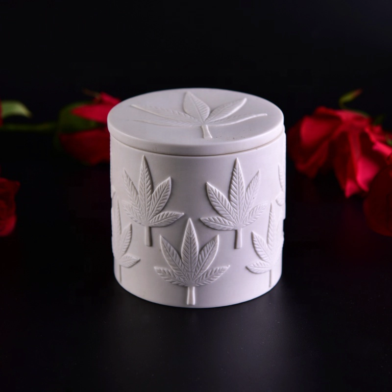 10oz 20oz Supplier leaf white frosted ceramic candle holder with lid